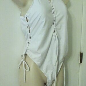 Backless Deep V Plunge White XL Lace-Up One Piece Swimsuit